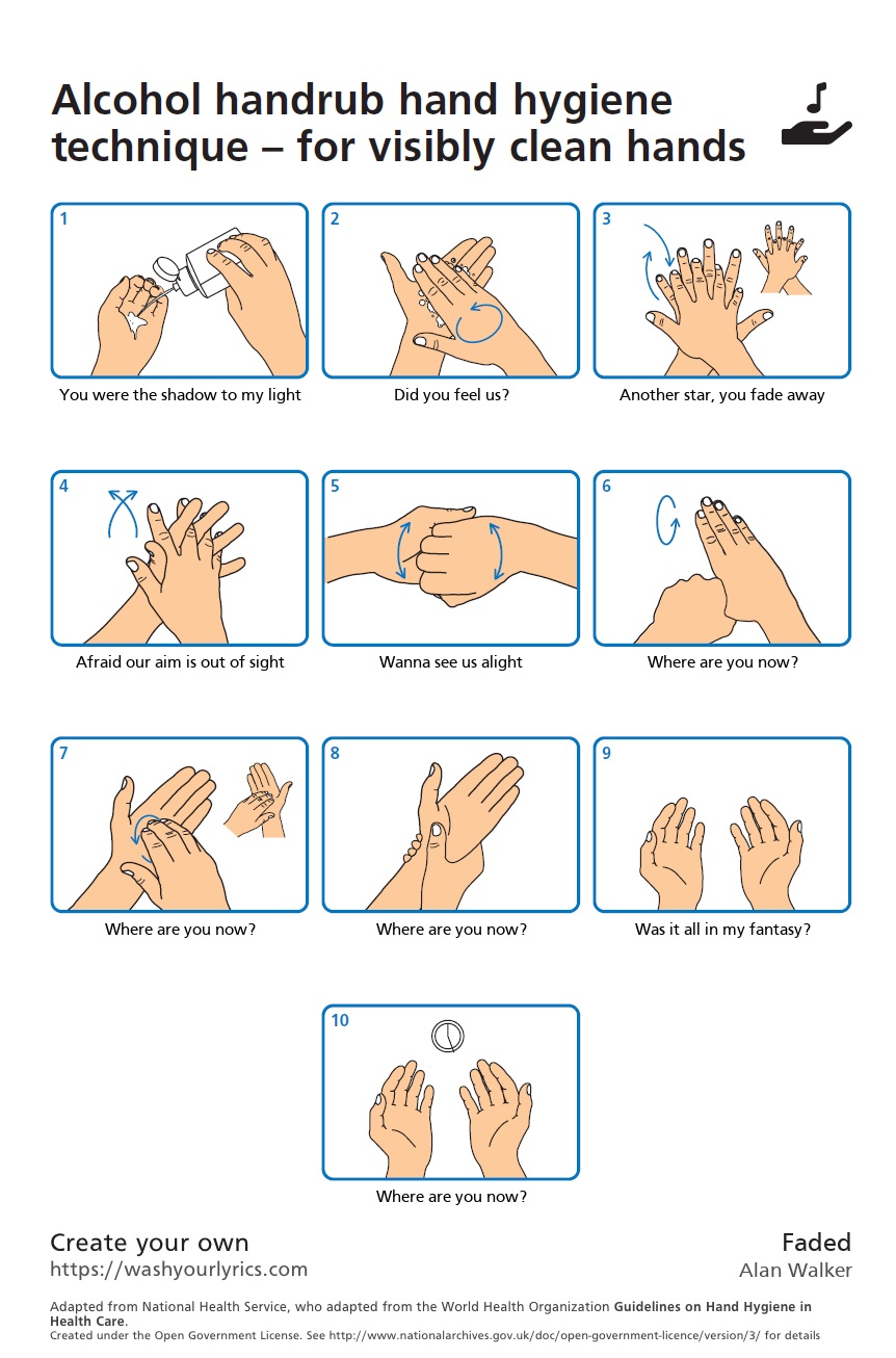 網絡神曲《Faded》的歌詞自動植入用洗手液洗的圖中。