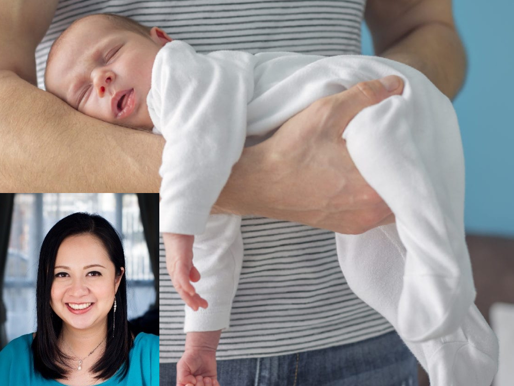 香港臨床心理學家指，若嬰兒長期哭鬧，可能是因為腸絞痛，建議可按圖中的姿勢安撫嬰兒的情緒。 （網上圖片）