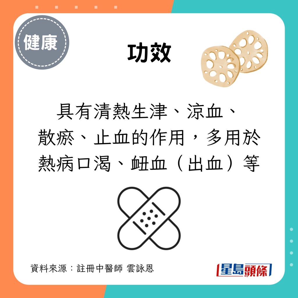 处暑节气养生食物｜6. 莲藕：具有清热生津、凉血、散瘀、止血的作用，多用于热病口渴、衄血（出血）等