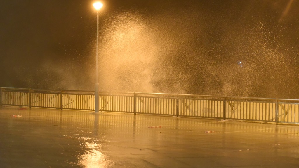 受到尼格及東北季候風的共同影響，本港東部及南部部分地區正吹烈風。港島杏花邨有滔天巨浪。