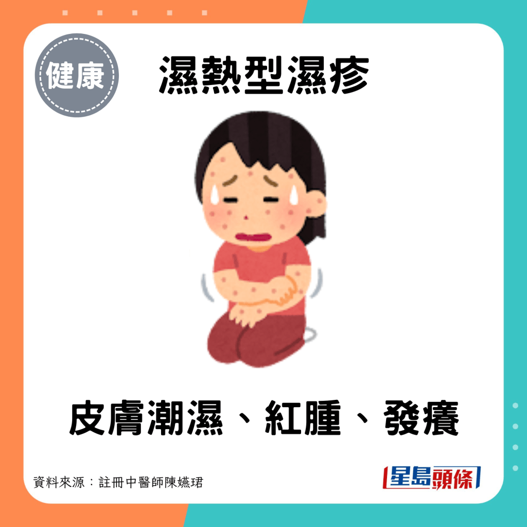 濕熱型濕疹：主要表現為皮膚潮濕、紅腫、發癢。