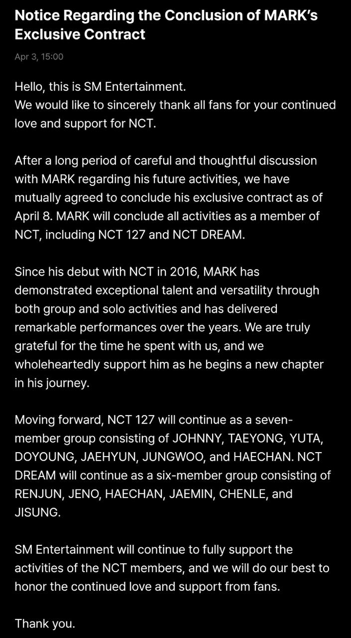 SM娛樂發聲明稱NCT127會以7人體制繼續活動，NCT Dream則以6人姿態活動。