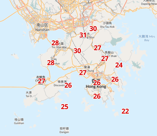 上水下午更預計高達31度，打鼓嶺及石崗兩地亦料達30度。天文台截圖