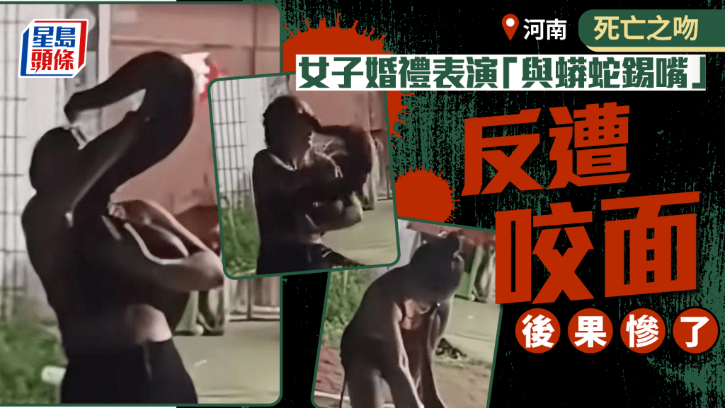 河南女表演與蟒蛇親吻突被咬住面部。