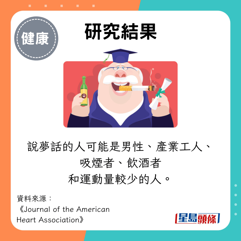 研究结果：说梦话的人可能是男性、产业工人、 吸烟者、饮酒者 和运动量较少的人。