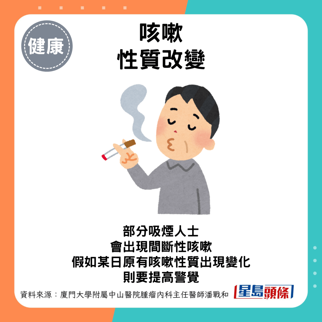 部分長期吸煙的人士會出現間斷性咳嗽，假如某日原有咳嗽性質出現變化，則要提高警覺，及時求醫檢查。