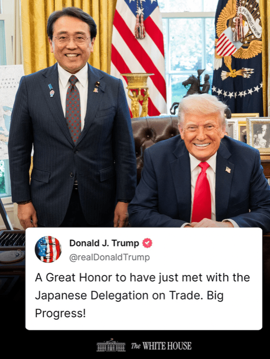 會談結束後不久，日本特朗普和日本首席貿易談判代表赤澤良聖在白宮合照。 白宮圖片