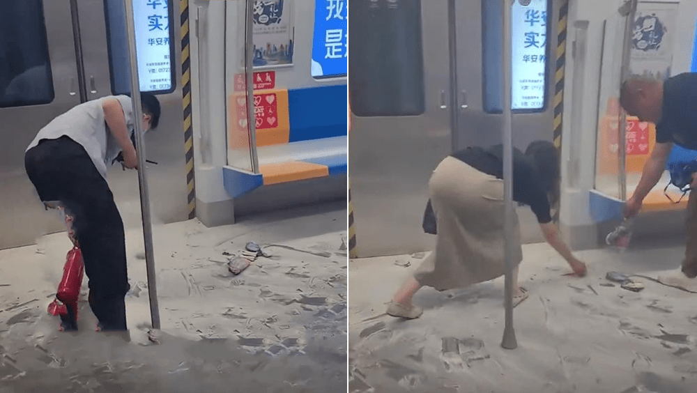 北京地鐵女乘客「尿袋」突爆炸，工作人員及時滅火，幸無人受傷。