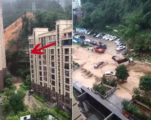 暴雨引發山泥傾瀉,多輛汽車被洪水沖走。(網圖)