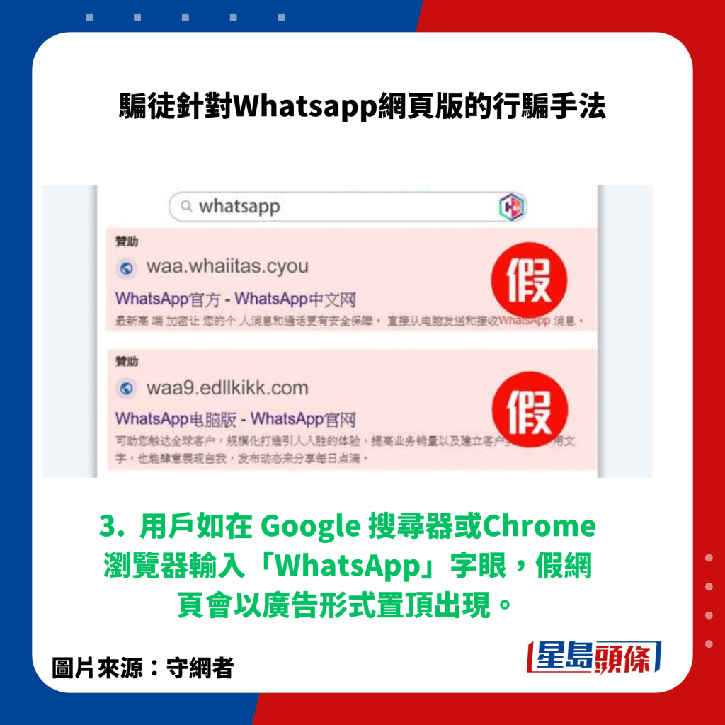 3.  用戶如在 Google 搜尋器或Chrome 瀏覽器輸入「WhatsApp」字眼，假網頁會以廣告形式置頂出現。