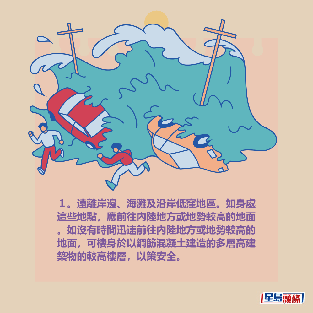 1。遠離岸邊、海灘及沿岸低窪地區。如身處 這些地點,應前往內陸地方或地勢較高的地面 。如沒有時間迅速前往內陸地方或地勢較高的 地面,可棲身於以鋼筋混凝土建造的多層高建 築物的較高樓層,以策安全。 1。遠離岸邊、海灘及沿岸低窪地區。如身處 這些地點,應前往內陸地方或地勢較高的地面 。如沒有時間迅速前往內陸地方或地勢較高的 地面,可棲身於以鋼筋混凝土建造的多層高建 築物的較高樓層,以策安全。