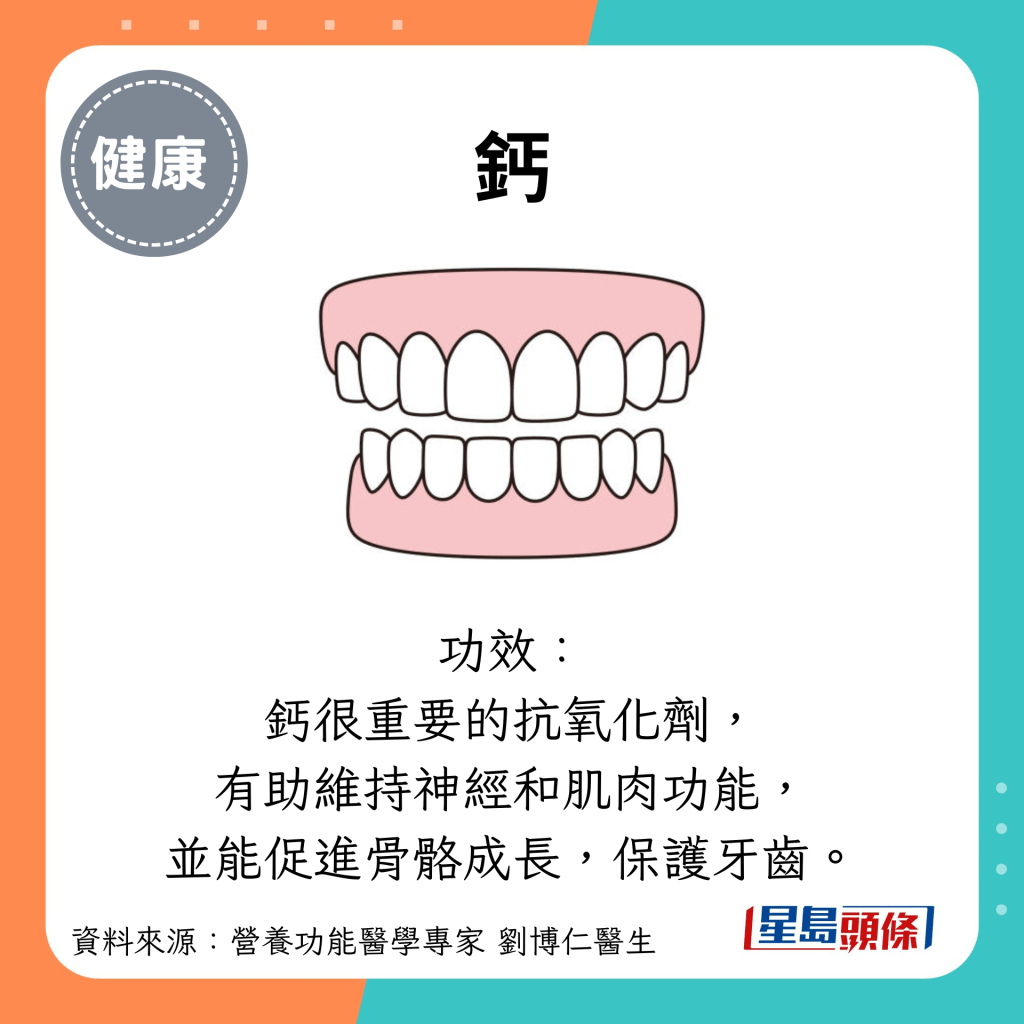 钙：功效： 钙很重要的抗氧化剂， 有助维持神经和肌肉功能， 并能促进骨骼成长，保护牙齿。