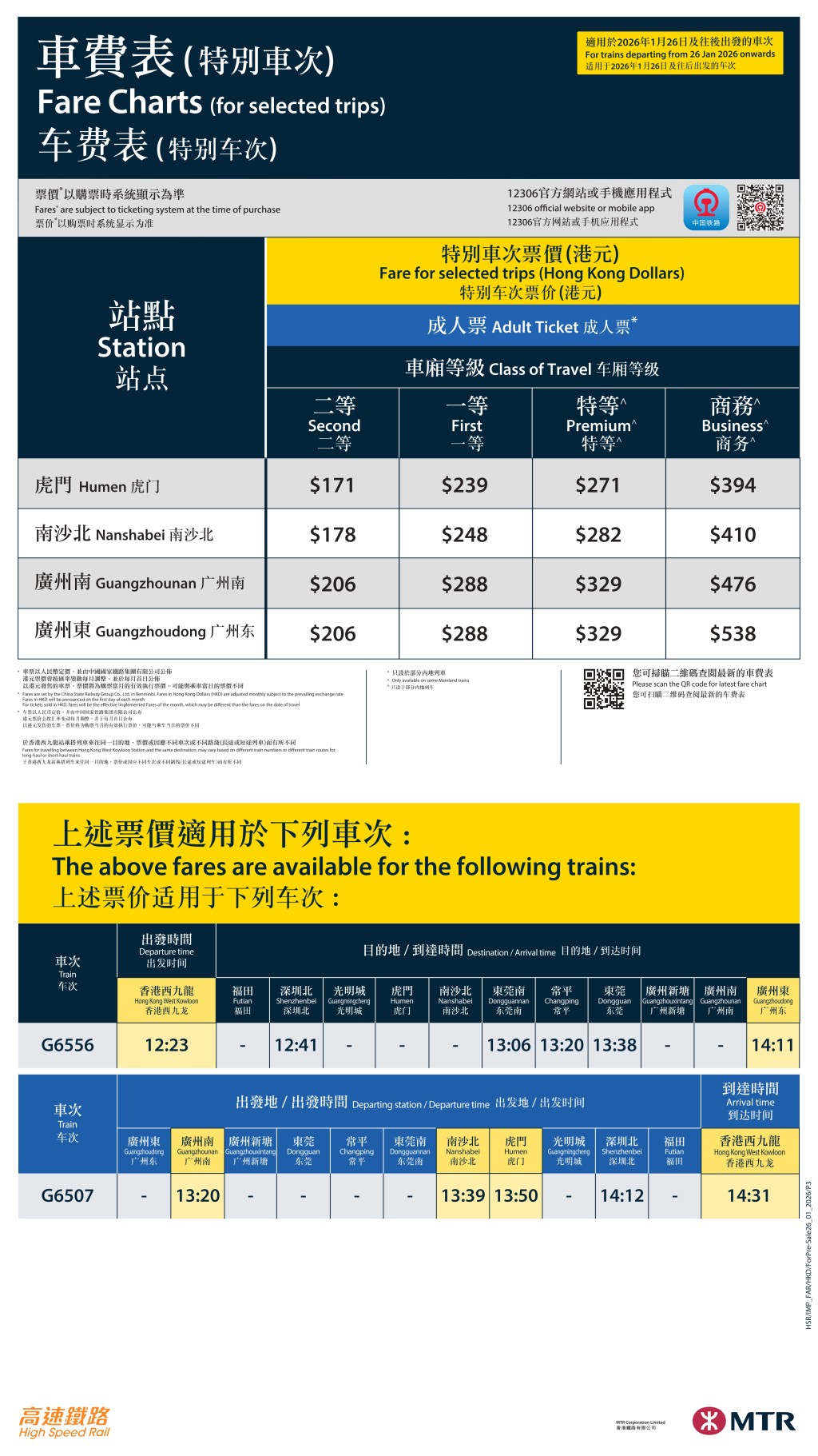 車費表(適用於2026年1月26日及往後出發的車次) 車費表(適用於2026年1月26日及往後出發的車次)