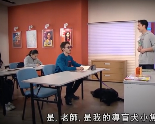 《愛.回家》其中一幕有一位假扮弱視並帶同導盲犬前來的男同學。影片截圖