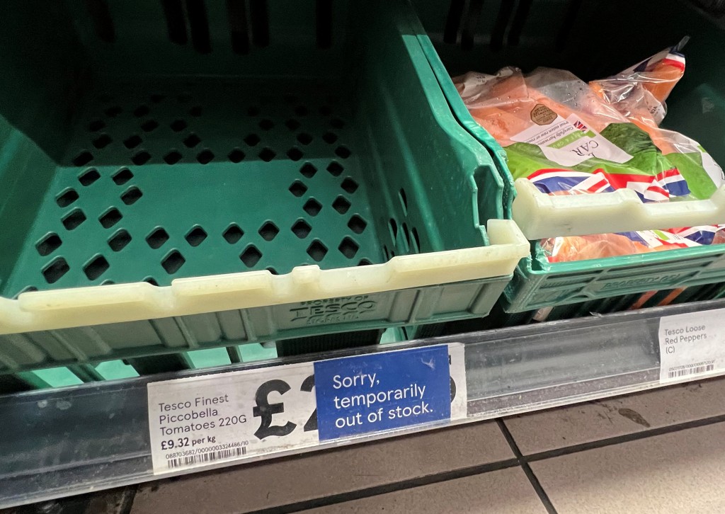 英國倫敦 Tesco 超市的貨架上可以看到番茄部分的貨架空無一物。路透社