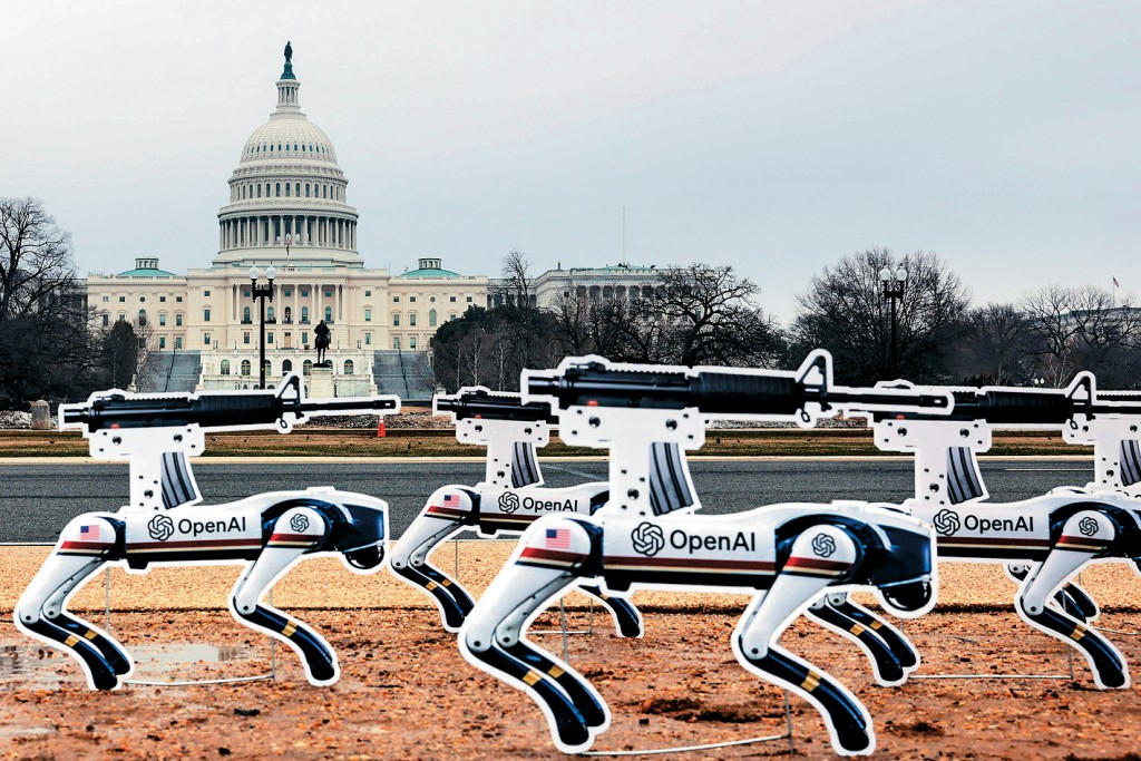 本月6日，示威者在華盛頓的國家廣場豎立持槍AI機械人的模型，抗議OpenAI決定允許五角大樓使用其AI技術。