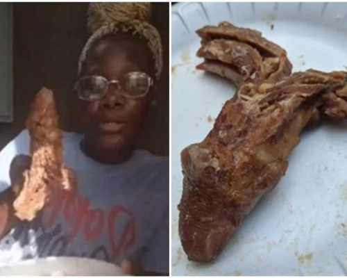 美國婦人拉米亞在超市購得一件看似「下體」的肉品(右)嚇得報警,後來證實只是虛驚一場。網圖