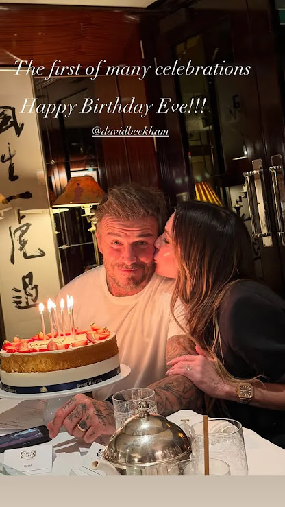 Victoria上載了在碧咸生日前夕，送他蛋糕及香吻的甜蜜照。