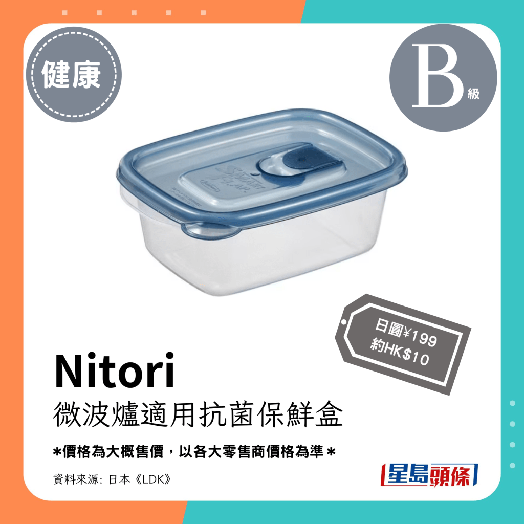 第4位 B级（3.40分）：Nitori 微波炉适用抗菌保鲜盒（日圆¥199，约HK$10）