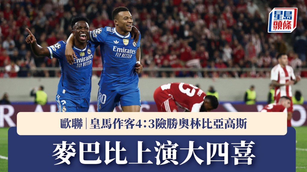 歐聯｜麥巴比「大四喜」 皇家馬德里作客4：3挫奧林比亞高斯。路透社