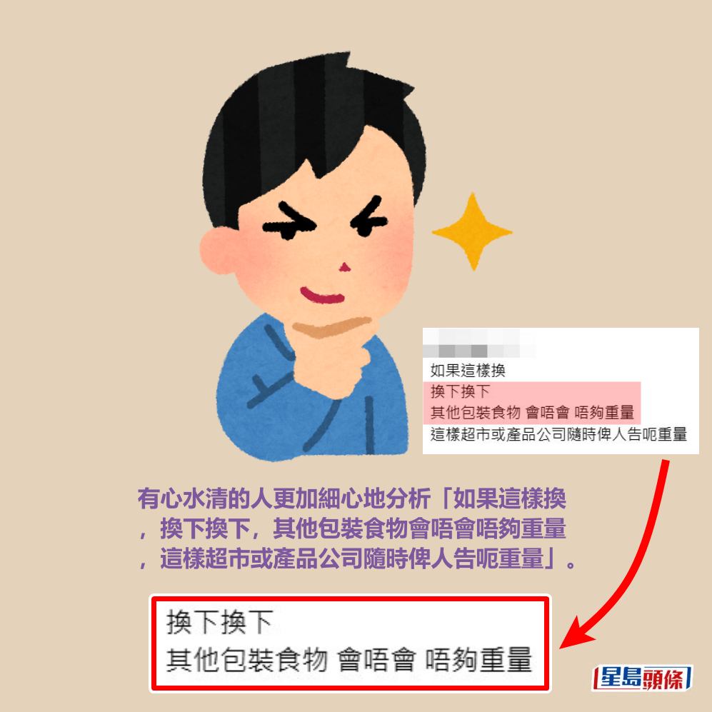 有心水清的人更加細心地分析「如果這樣換 ，換下換下，其他包裝食物會唔會唔夠重量 ，這樣超市或產品公司隨時俾人告呃重量」。Threads截圖