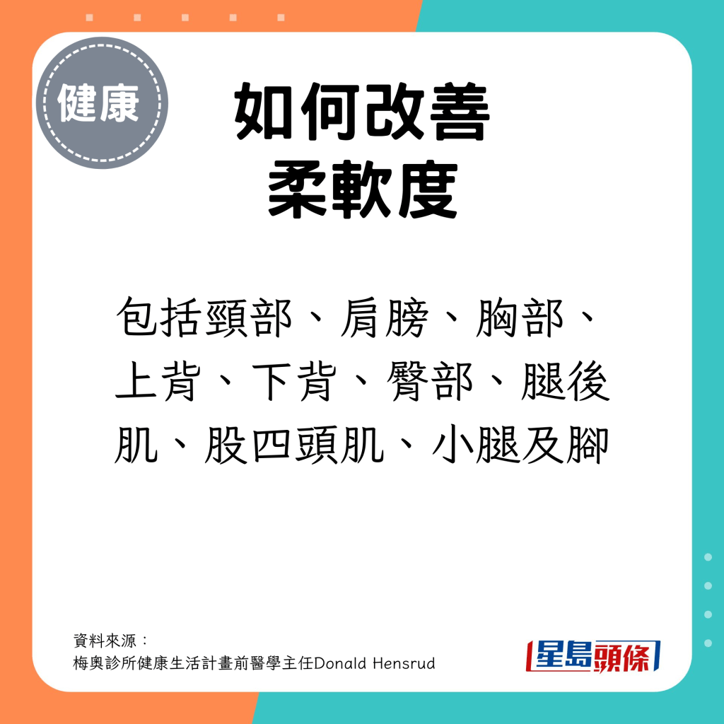 包括頸部、肩膀、胸部、上背、下背、臀部、腿後肌、股四頭肌、小腿及腳