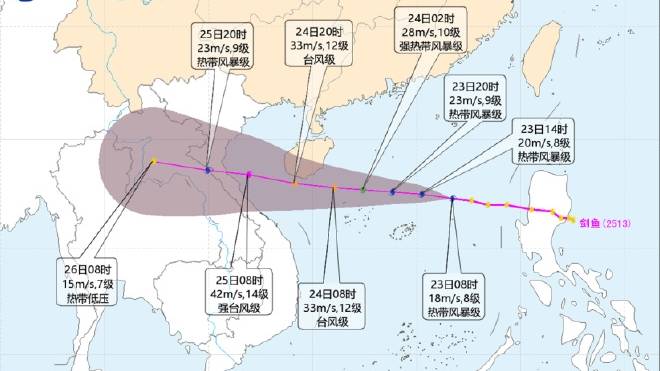劍魚颱風逐漸趨向海南島南部沿海。