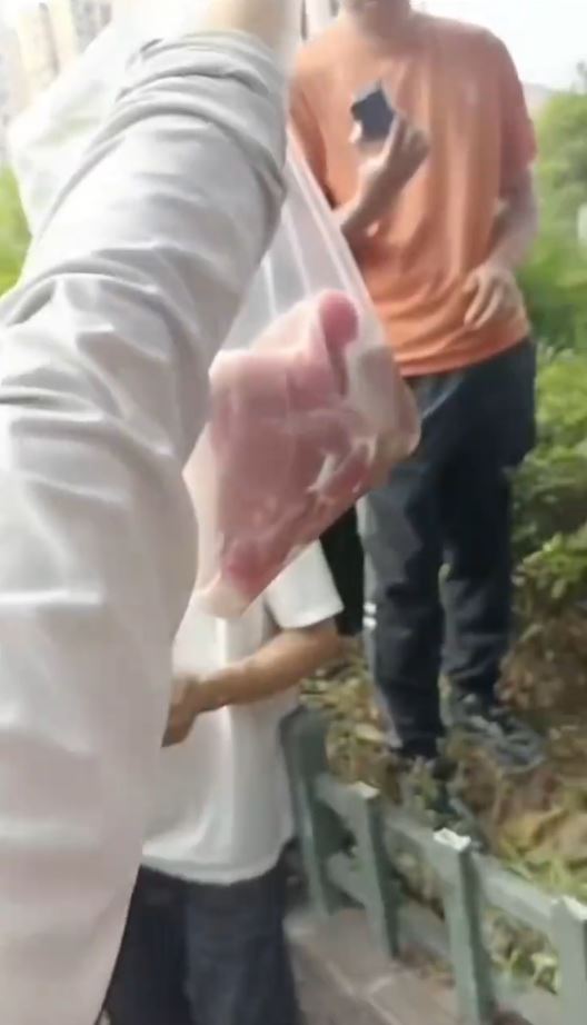 大批家長在校門外，聲稱供應學校飯堂的是發臭豬內和劣質淋巴肉。抖音＠天津金輪