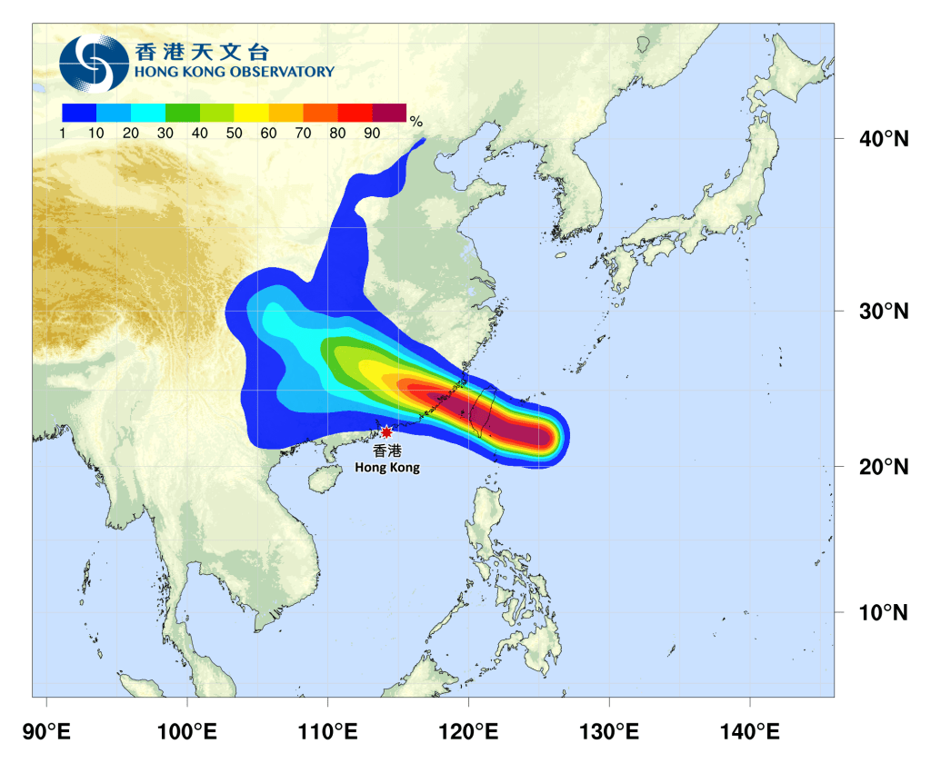 楊柳路徑概率預報。香港天文台圖片 楊柳路徑概率預報。香港天文台圖片