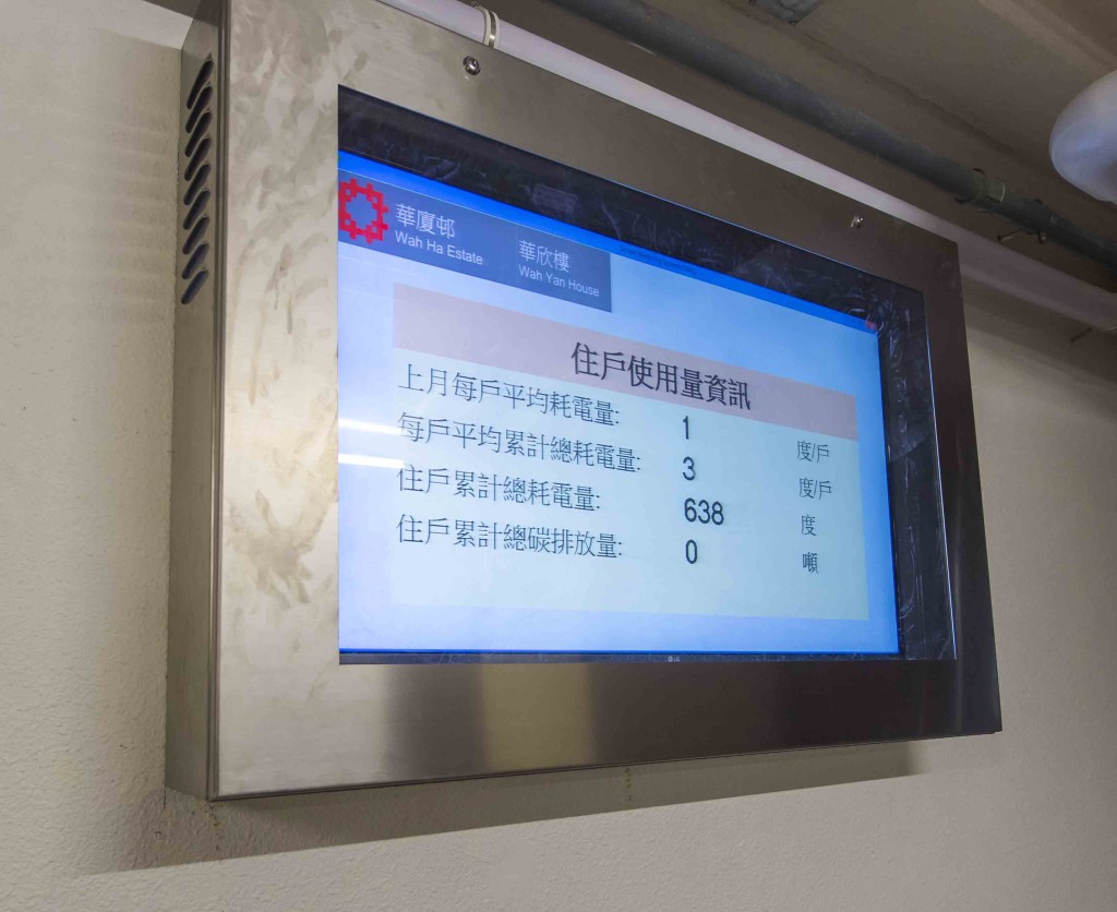 華廈邨電梯大堂的電視顯示電力消耗量資訊。政府新聞處圖片