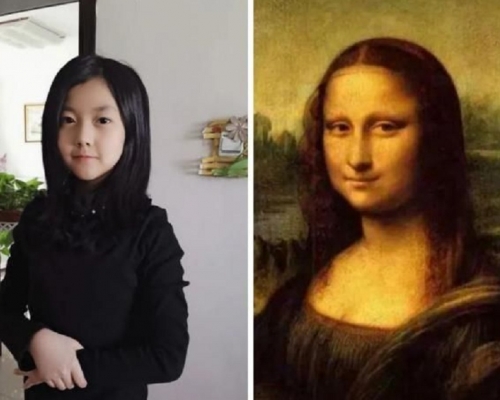 甘肅小學生模仿《蒙娜麗莎》。網圖
