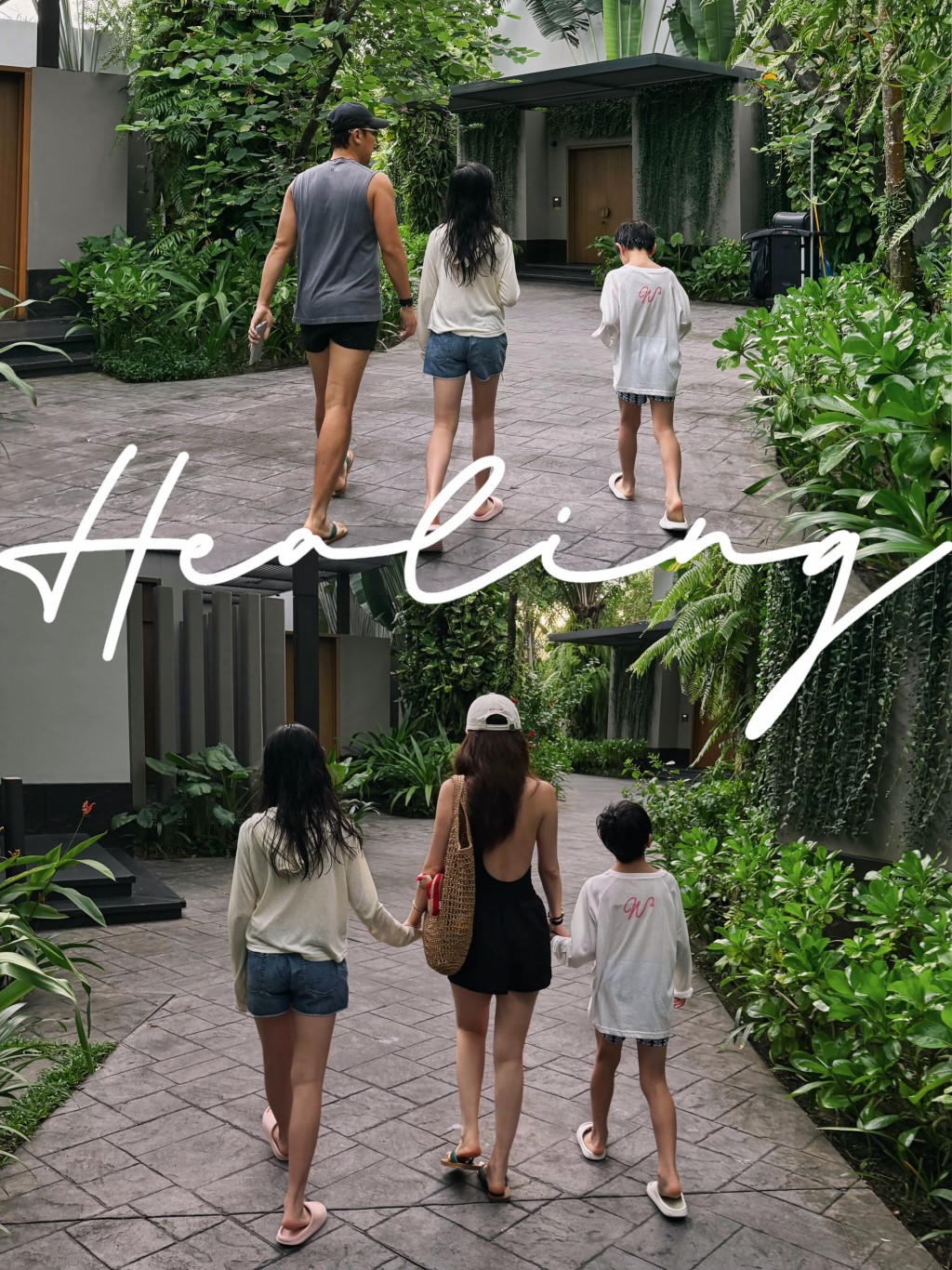 譚俊彥與任祉妍分別牽著一對寶貝仔女漫步於綠意盎然的度假村中，一家四口的背影寫滿了治癒與溫馨。