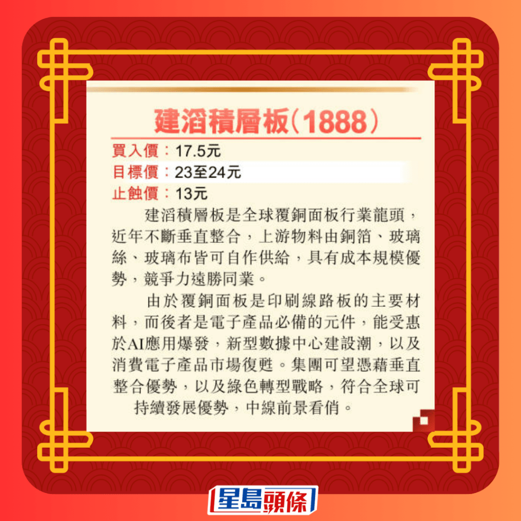 利是股：建滔积层板（1888）目标价23至24元