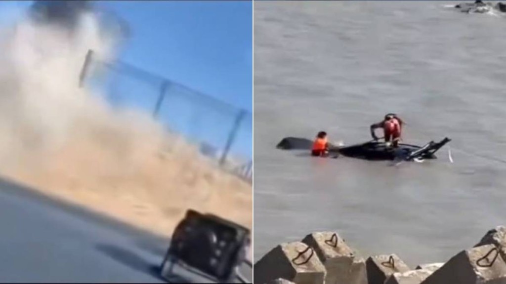 私家車穿越圍欄及河堤後插入長江，車內有人死亡。抖音