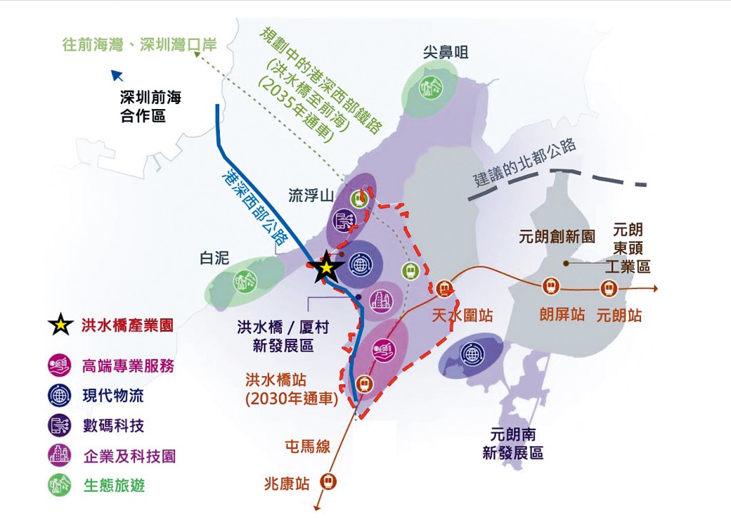 洪水橋產業園的目標是利用該區完善的交通網絡及毗鄰深圳前海的地理優勢,推動高增值及智慧生產產業。 洪水橋產業園的目標是利用該區完善的交通網絡及毗鄰深圳前海的地理優勢,推動高增值及智慧生產產業。