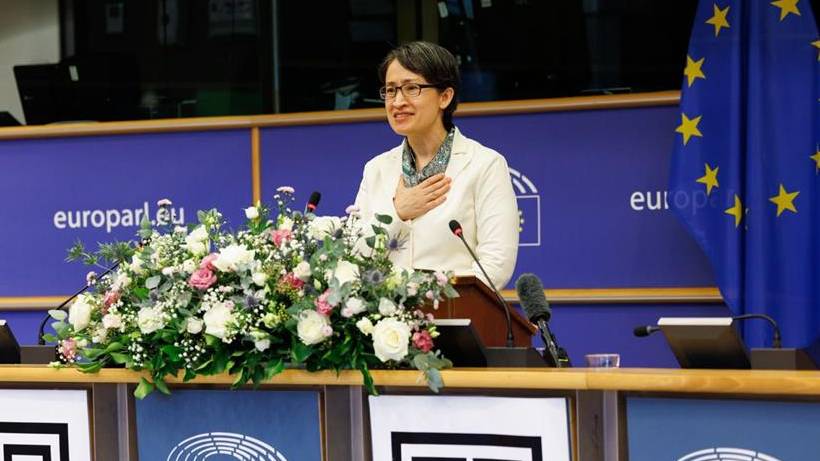 蕭美琴現身歐洲議會演說。 IPAC官方X平台