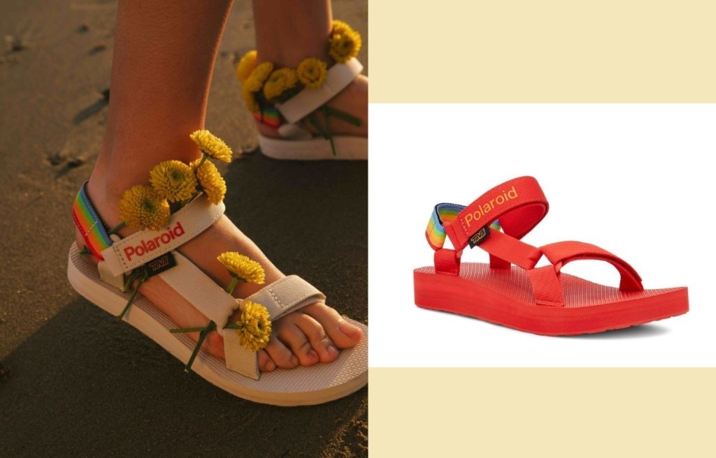 TEVA x Polaroid聯乘系列灰色Original Universal Polaroid涼鞋/左/$699、紅色Midform Universal Polaroid型號/$799，織帶上加入寶麗來的五色光譜元素，充滿夏日氣息。