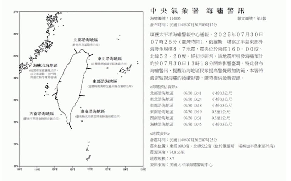 台灣氣象署提醒沿海民眾嚴加防範海嘯。中央氣象署網站 台灣氣象署提醒沿海民眾嚴加防範海嘯。中央氣象署網站