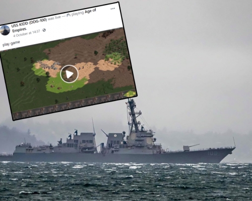 美國軍艦基德號的Faceboook專頁遭黑客入侵，出現多段「世紀帝國」的遊戲直播。 （網上圖片）