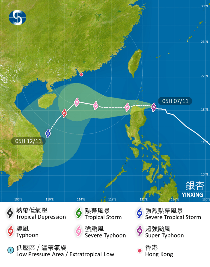 熱帶氣旋「銀杏」路徑預測。