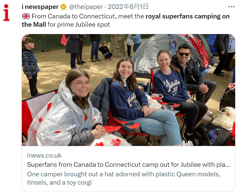 社交媒體轉發超級粉絲提前沿路紮營霸位，現場觀看查理斯三世加冕典禮。twitter