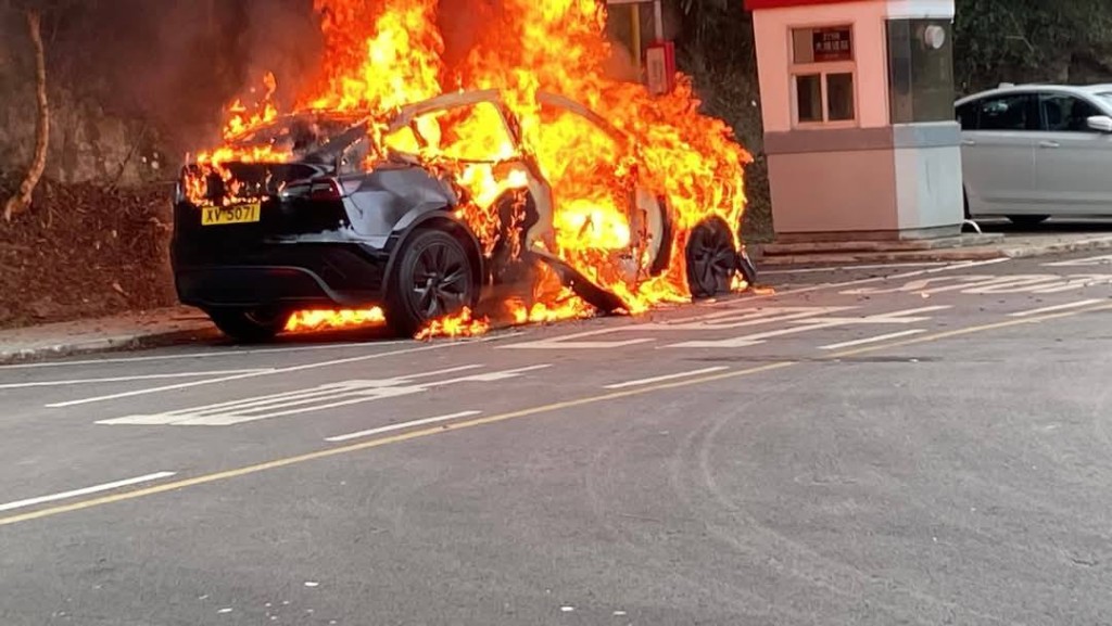 Tesla全車陷入火海。網上圖片 Tesla全車陷入火海。網上圖片