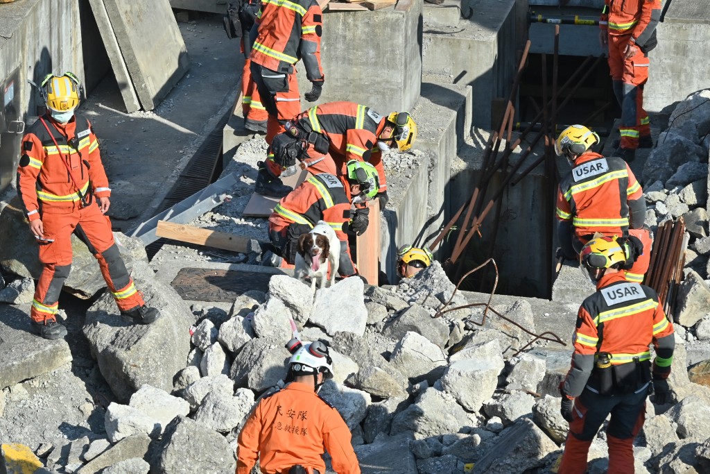操練模擬在海外地震後建築物倒塌的災場中進行搜救。黃頌偉攝