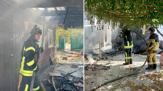 俄军炮击乌南赫尔松州地区，多间房屋受损，消防员到场救援。网上图片