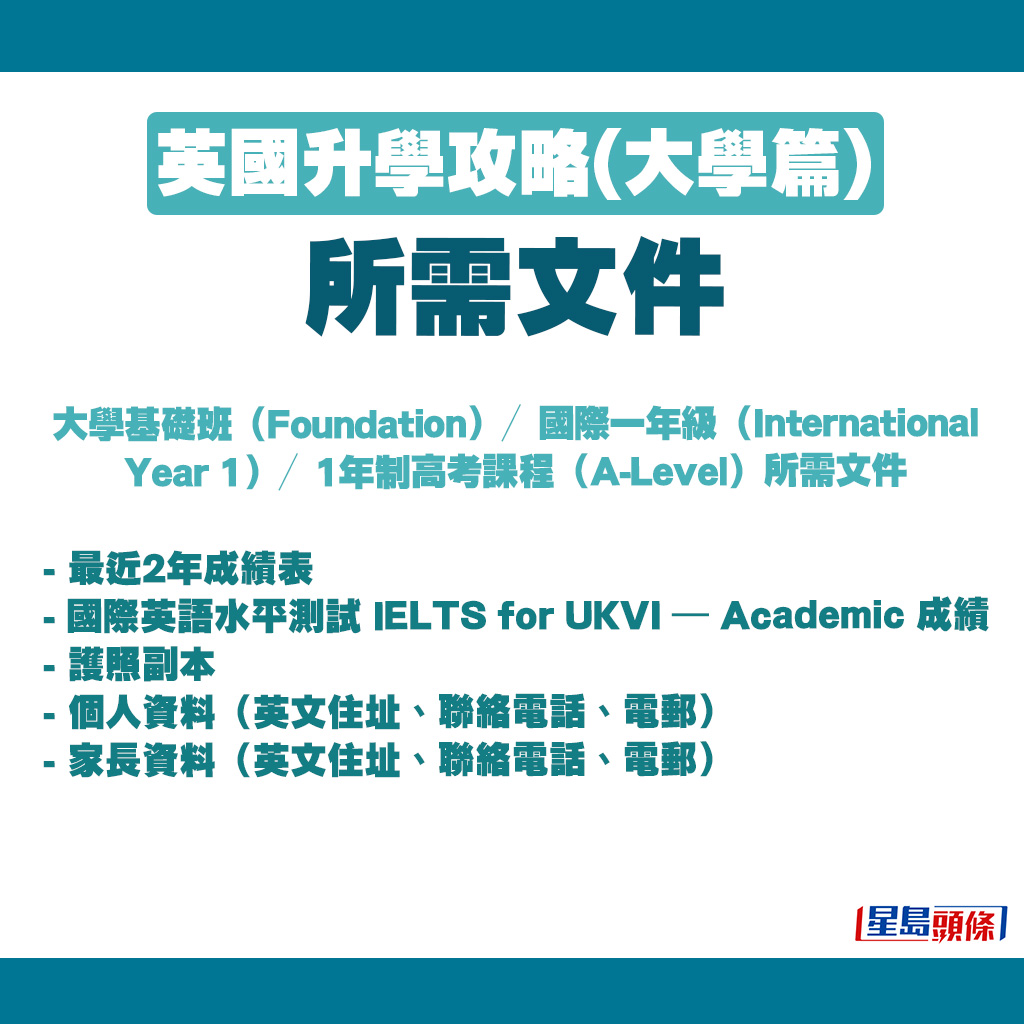 大學基礎班（Foundation）／國際一年級（International Year 1）／1年制高考課程（A-Level）所需文件