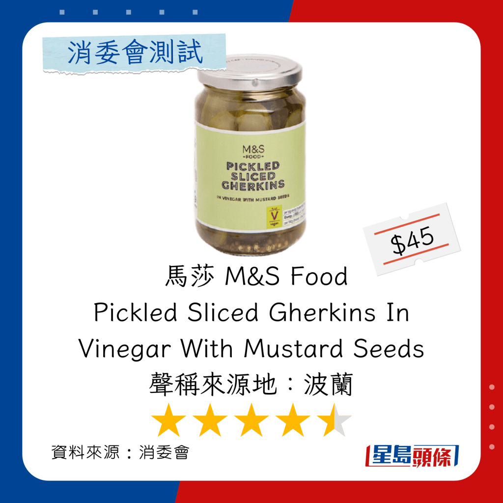 消委會醃菜推介名單｜10款泡菜酸菜榨菜獲高分 馬莎M&S Food Pickled Sliced Gherkins In Vinegar With Mustard Seeds