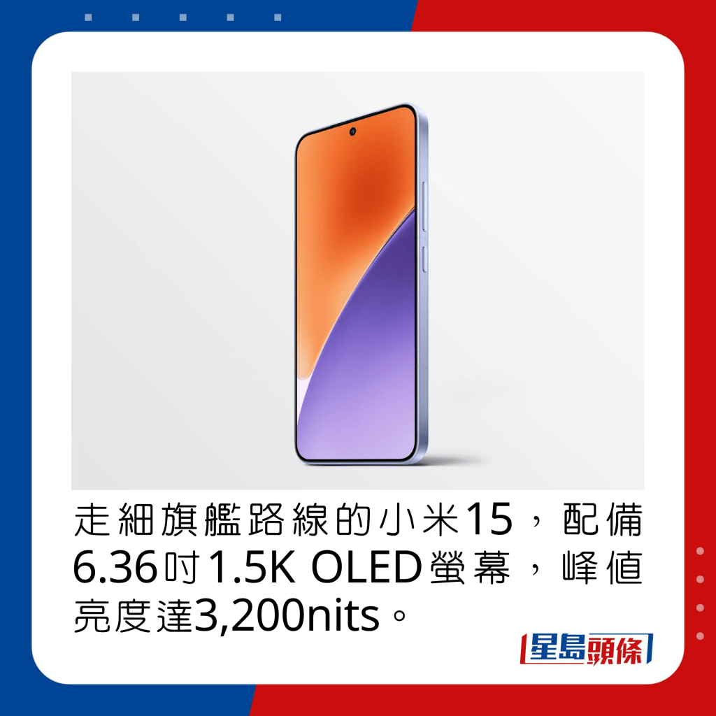 走细旗舰路线的小米15，配备6.36寸1.5K OLED萤幕，峰值亮度达3,200nits。  