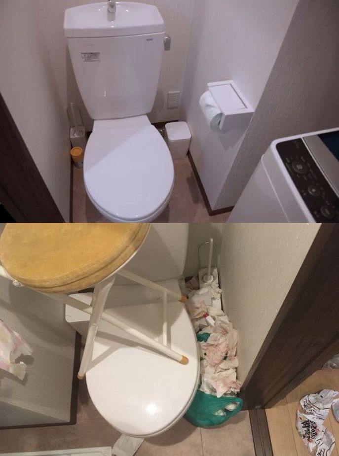 洗手間的馬桶上還架著一把椅子。