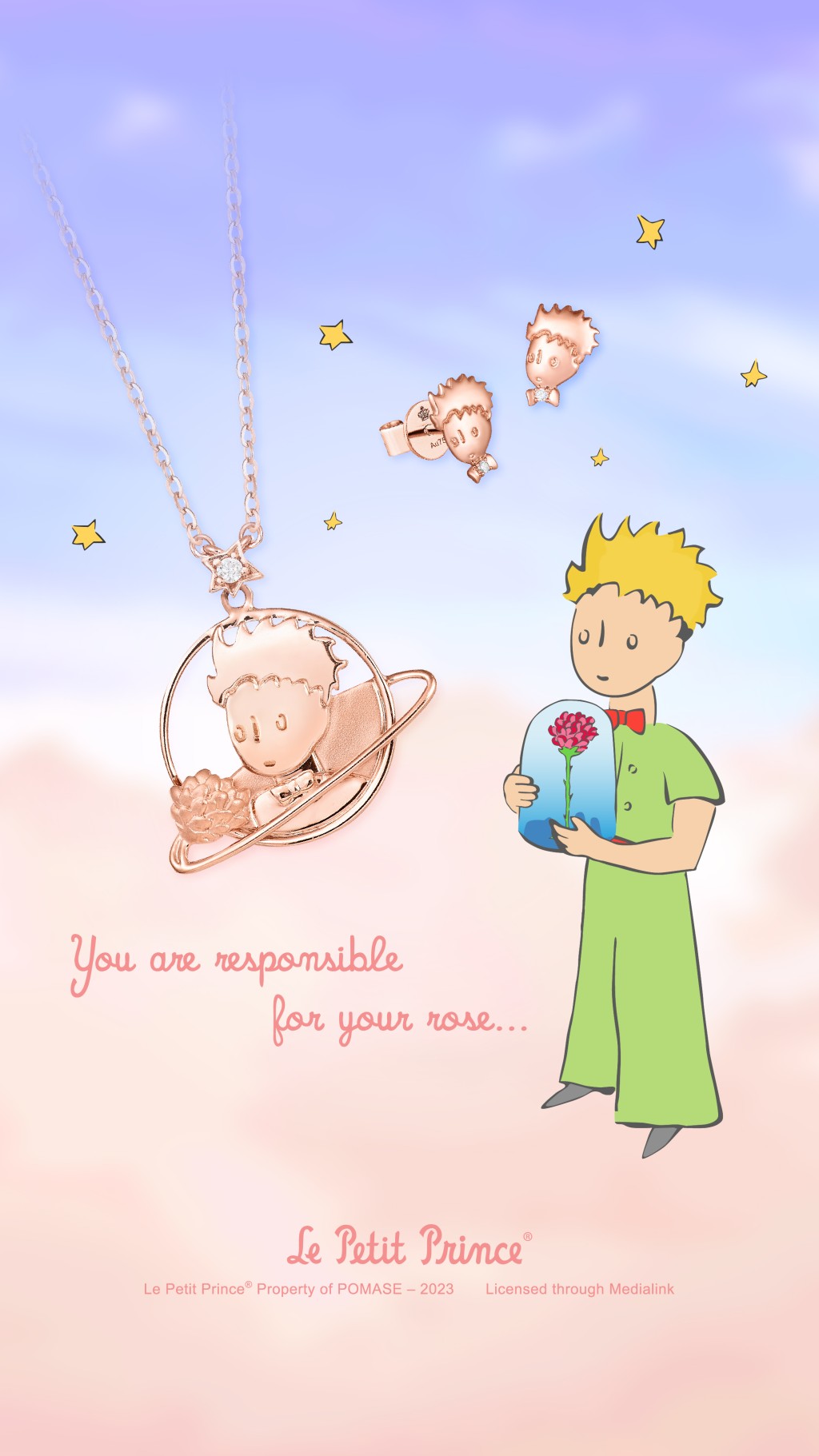 《小王子》頭像18K玫瑰金鑽石項鏈/$3,150、《小王子》頭像玫瑰金鑽石耳環/$959。 