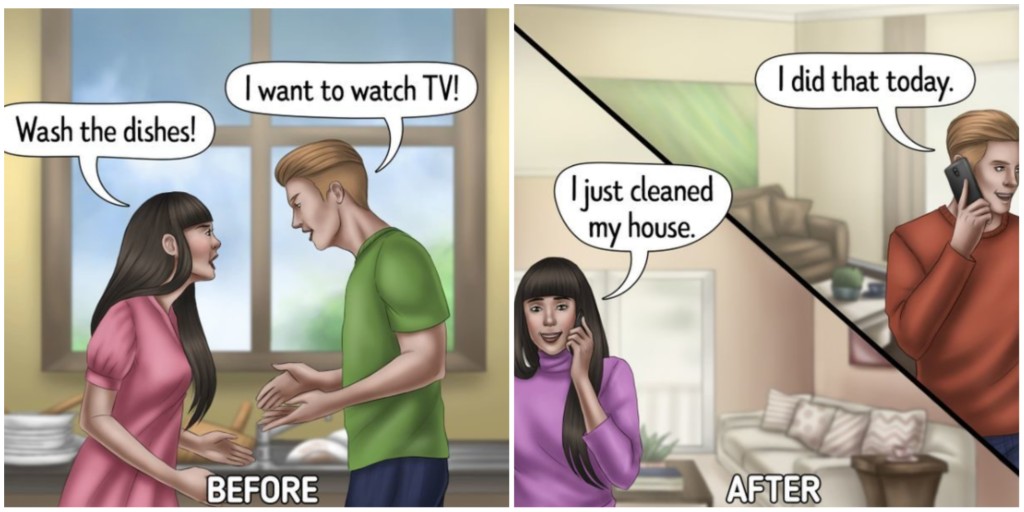 分居前（左圖）：「你去洗碗！」「我要睇電視！」 分居後（右圖）：「我今日做了那件事 。」「我剛打掃完家裏。」